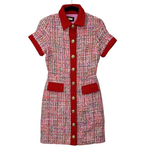 Alexia Admor Dresses & Skirts - Alexia Admor Tweed Mini Dress Pink Red Sequin Gold Button Front Size 2